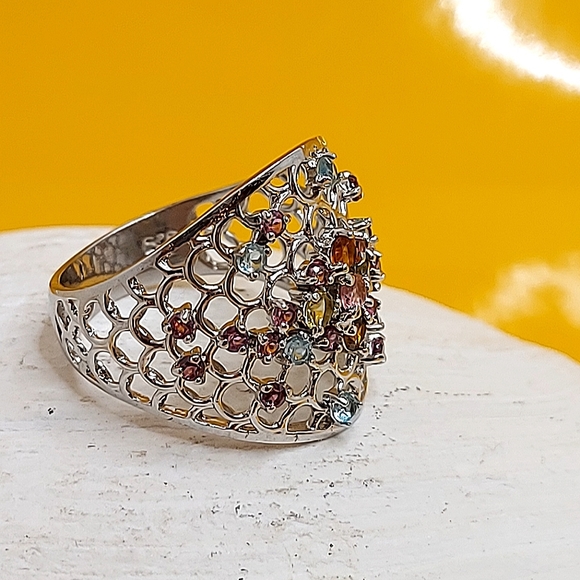 Natural Tourmaline, Apatite, Rhodolite Garnet 925 Sterling Silver Ring Sz 7.5 - Picture 4 of 9